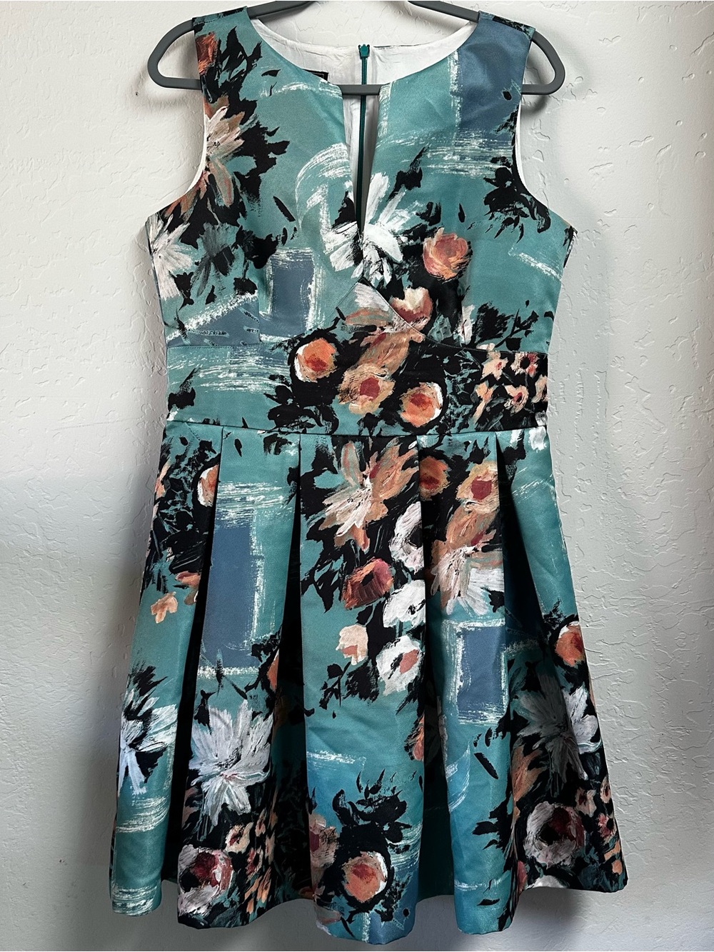 IVONNE Teal Abstract Floral Pleated Fit & Flare Midi Dress - Size 14